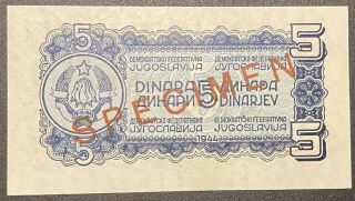 1944 YUGOSLAVIA 5 Dinara SPECIMEN Banknote Uncirculated 2