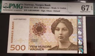 Tt Pk 51f 2012 Norway Norges Bank 500 Kroner S.  Undste Pmg 67 Epq Gem