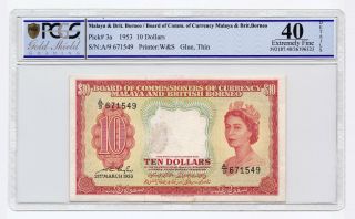 Malaya and British Borneo,  10 Dollars 1953,  Pick 3a,  XF,  PCGS 40 2