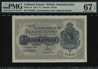 Tt Pk 8c 1977 Falkland Islands 1 Pound Queen Elizabeth Ii Pmg 67 Epq Gem