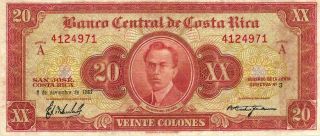 Costa Rica: 20 Colones 1962 Bccr,  P - 222c,  08/11/1962 Series A Banco Central
