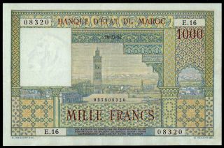 Morocco 1000 Francs 1952 Xf,  French Colonial Banknote Pick 47 Rare Note