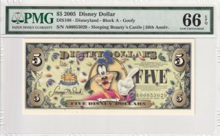 2005 Disney Dollar $5 “block A - Goofy " Pmg 66 Epq Gem Unc