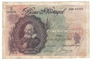 Portugal 5 Escudos Vf Ch.  2 Banknote (1925) P - 120 Rare Prefix Azh Paper Money