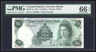 Cayman Islands 5 Dollars 1971 P2a Pmg Gem Uncirculated 66 Epq