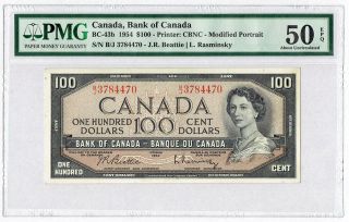 Canada 100 Dollars 1954,  Pmg 50 Epq,  Bc - 43b,  Beattie - Rasminsky,  Bank Of Canada