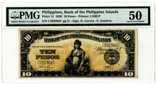 Philippines,  Bank Of The Philippine Islands,  1920 10 Pesos P - 14 Pmg Au 50 Us Bep