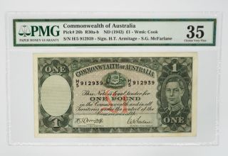 Commonwealth Of Australia One Pound Note 1942 Pmg Choice Very Fine 35