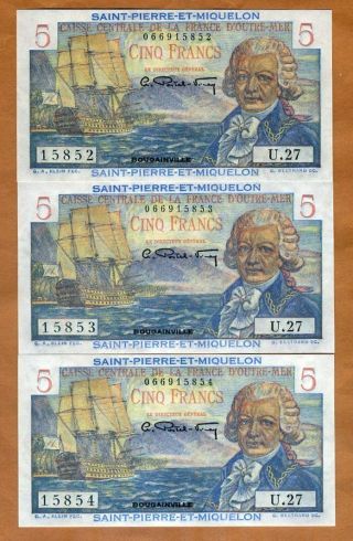Set Saint Pierre And Miquelon,  3 X 5 Francs Nd (1950),  Consecutive Trio P - 22 Unc