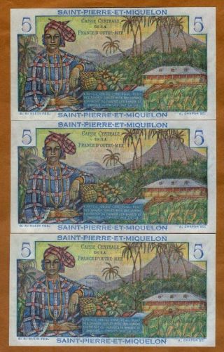 SET Saint Pierre and Miquelon,  3 x 5 Francs ND (1950),  Consecutive Trio P - 22 UNC 2