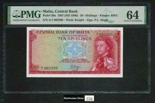 Malta 1967 (nd 1968) - 10 Shillings P 28a Fancy S/n 002299 - Pmg 64 Unc