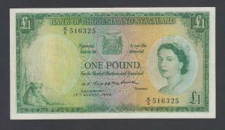 Rhodesia & Nyasaland 1 Pound 1956 Vf P.  21,  Banknote,  Circulated