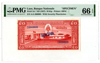 Laos.  Banque Nationale Du Laos 1957 Specimen 50 Kip,  P - 5s1.  Pmg Gem Unc 66 Epq