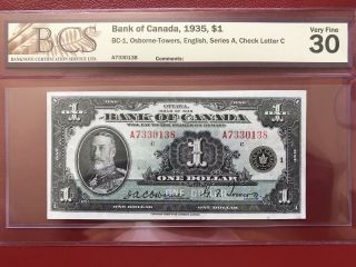 1935 Bank Of Canada $1 Banknote Bcs Vf30