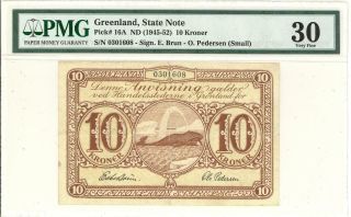 Greenland 10 Kronur Currency Banknote 1945 Pmg 30 Vf