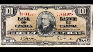 1937 Bank Of Canada 100$ Gordon/tower B/j3741925 - Vf/ef -