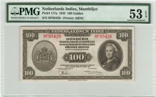 Netherlands Indies 100 Gulden 1943 Abnc Muntbiljet Pick 117 Pmg About Unc 53 Epq