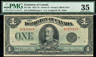 Dominion Of Canada 1923 One Dollar Black Seal Dc - 25n Series 