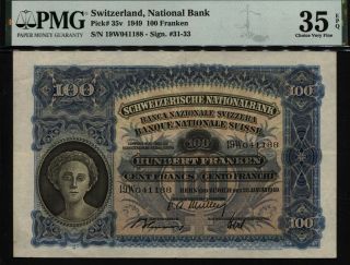 Tt Pk 35v 1949 Switzerland National Bank 100 Franken Pmg 35 Epq No Gems Known