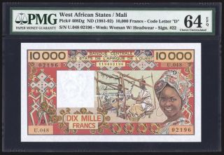 West African States / Mali 10000 Francs 1981 - 92 P408dg Pmg Choice Unc 64 Epq