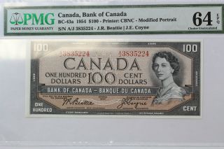 Canada 1954 $100 Bill Modified Beattie Coyne Aj Prefix Pmg Choice Unc 64 Epq