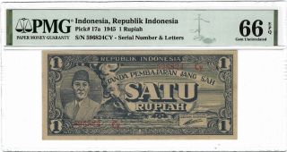 Indonesia Republik 1 Rupiah 1945,  P - 17a Pmg 66 Epq Gem Unc,  Top Pop Finest