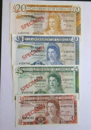 Gibraltar 1,  5,  10,  20 Pounds 1975 Specimen P - 20a,  P - 21a,  P - 22a,  P - 23a Unc Banknote
