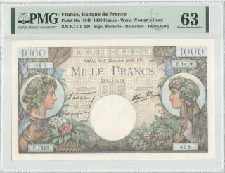 France 1000 Francs 1940 P - 96a Pmg 63