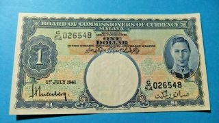 1941 Board Of Commissionaires Of Currency Malaya 1 Dollar Note - - - Vf30