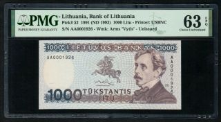 Lithuania 1991 1000 Litu Aa Prefix No.  1926 P52 Pick 52 Pmg 63 Epq Unc Banknote