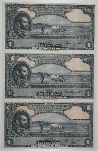 Ethiopia,  State Bank Of Ethiopia 1945 Uncut Sheet Of 3 Specimen Notes $1 P - 12s2