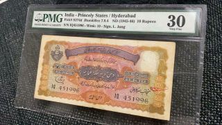India - Princely States / Hyderabad,  1945 - 46,  Pick S274d,  10 Rupees Pmg 30