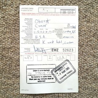 Conor Oberst (bright Eyes Monsters Of Folk) Signed Landing Card (london) 2005