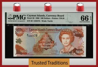 Tt Pk 20 1996 Cayman Islands 100 Dollars Queen Elizabeth Ii Pmg 66 Epq Gem Unc