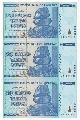 Zimbabwe 100 Trillion Dollars 3 X Consecutive Largest Denomination 2008 P91 Unc