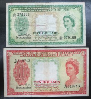 2 British Malaya & Borneo Notes $5 $10,  Five & Ten Dollars 1953 Queen Elizabeth