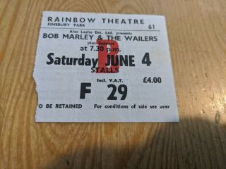 1977 Bob Marley & The Wailers Rainbow Theatre Concert Ticket Reggae
