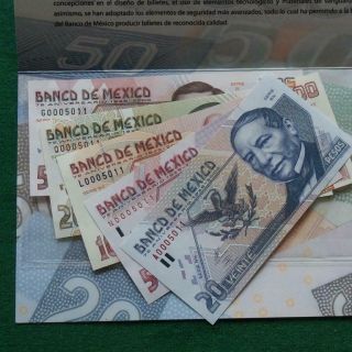 2000 Banco De Mexico Notes 10,  20,  50 & 100 Pesos 75th Anniv Same Serial Crisp