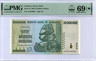 Zimbabwe 50 Million Dollars 2008 P 79 Gem Unc Pmg 69 Epq Extra Star Top
