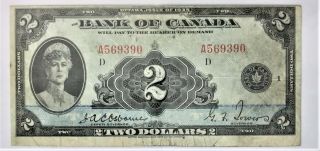 1935 Bank Of Canada $2–bc - 3 - " English " Serial A569390 Check Letter D - 36003