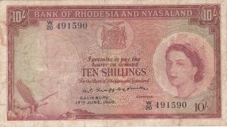 10 Shillings Vg - F Banknote From British Colony,  Rhodesia And Nyasaland 1960 P - 20