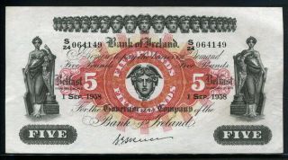 Ireland Northern 1958,  Bank Of Ireland 5 Pounds,  P52d,  Vf,  Ef