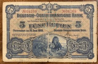 German East Africa Deutsch - Ostafrikanische Bank 5 Rupien Note Scarce P1 1905