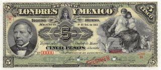 México 5 Pesos 1.  10.  913 S 233s Specimen Series H Uncirculated Banknote