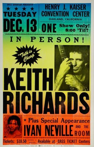 Keith Richards And The X - Pensive Winos Ivan Neville Orig.  Concert Poster 1988