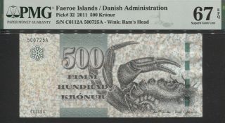 Tt Pk 32 2011 Faeroe Islands / Danish Admin 500 Kronur Crab Pmg 67 Epq