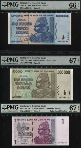 Tt Pk 91 2007 - 08 Zimbabwe 100 Trillion Set Of 3 Diverse Pmg 67 Epq Notes Look