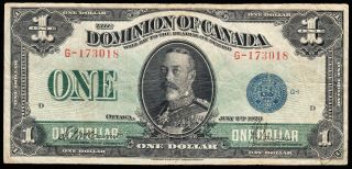 1923 Dominion Of Canada $1.  00 Note - Fine,  - Blue Seal Group 1 - G173018 Cc34