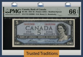 Tt Pk Bc - 39c 1954 Canada Bank $5 Queen Elizabeth Ii Pmg 66 Epq Gem Uncirculated