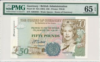 States Of Guernsey Guernsey 50 Pounds Nd (1994) Prefix A No 09393x Pmg 65epq